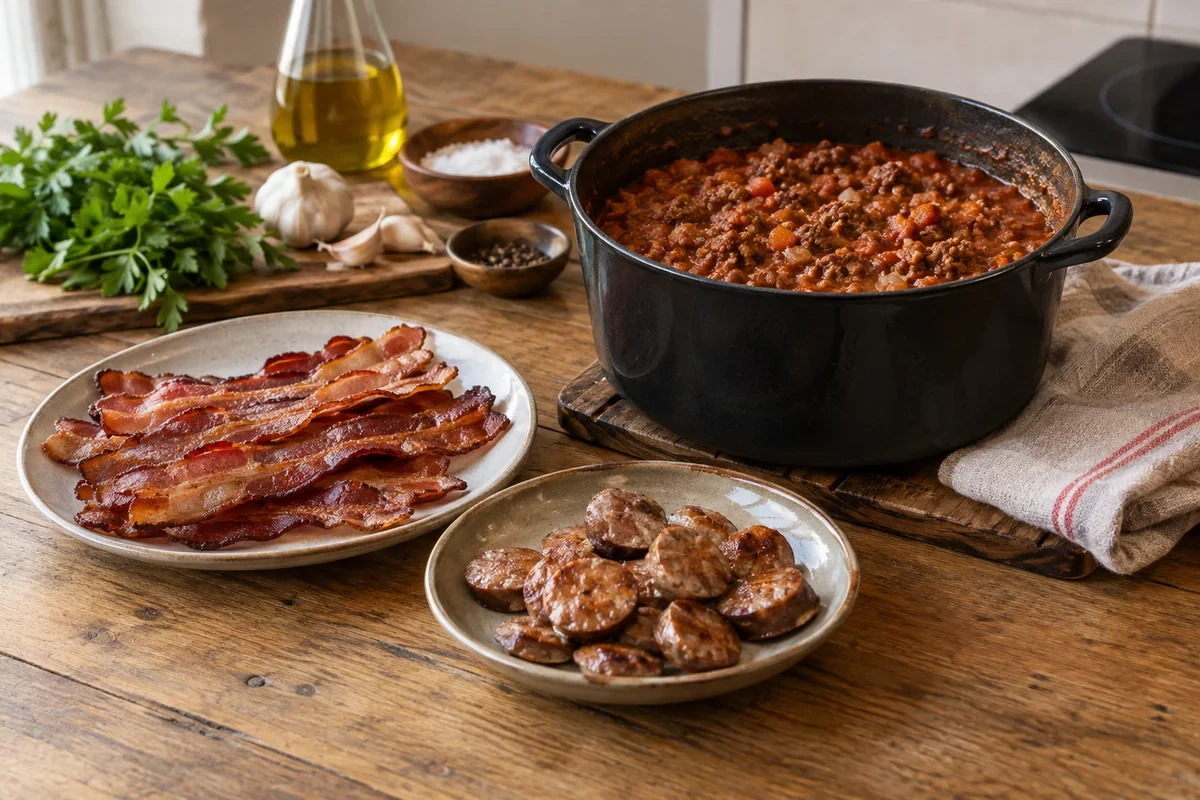 Разные мясные продукты и соусы к ньокки