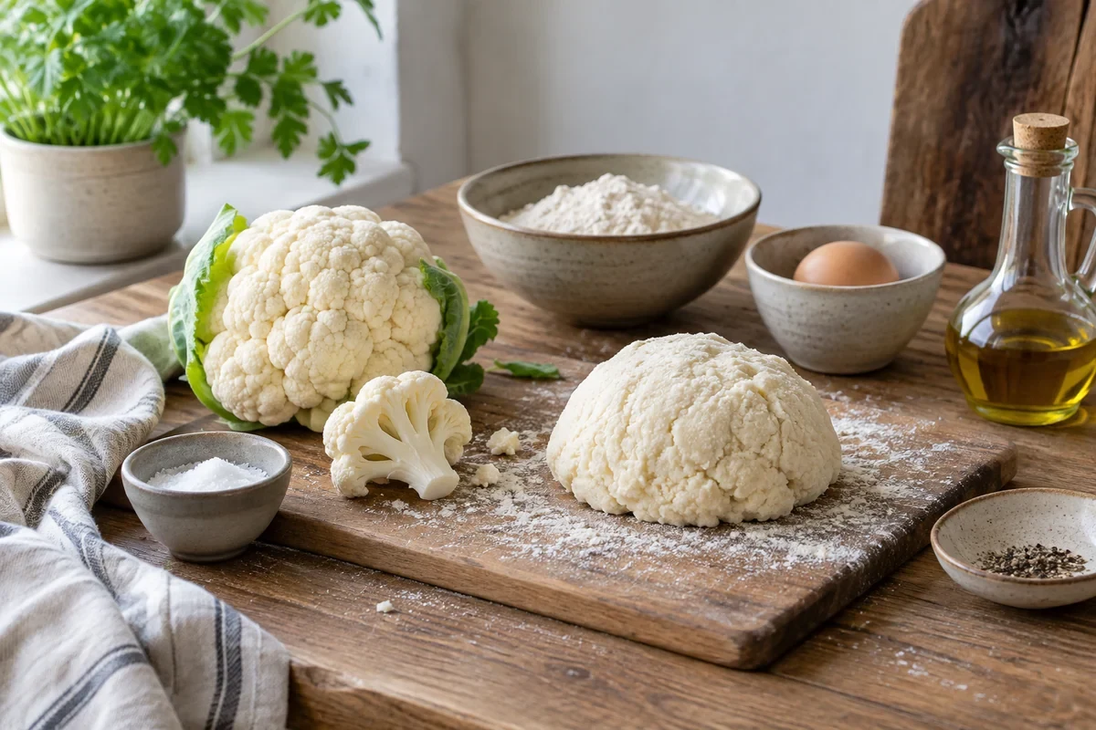 Цветная капуста, соцветия и светлые ньокки на кухонном столе