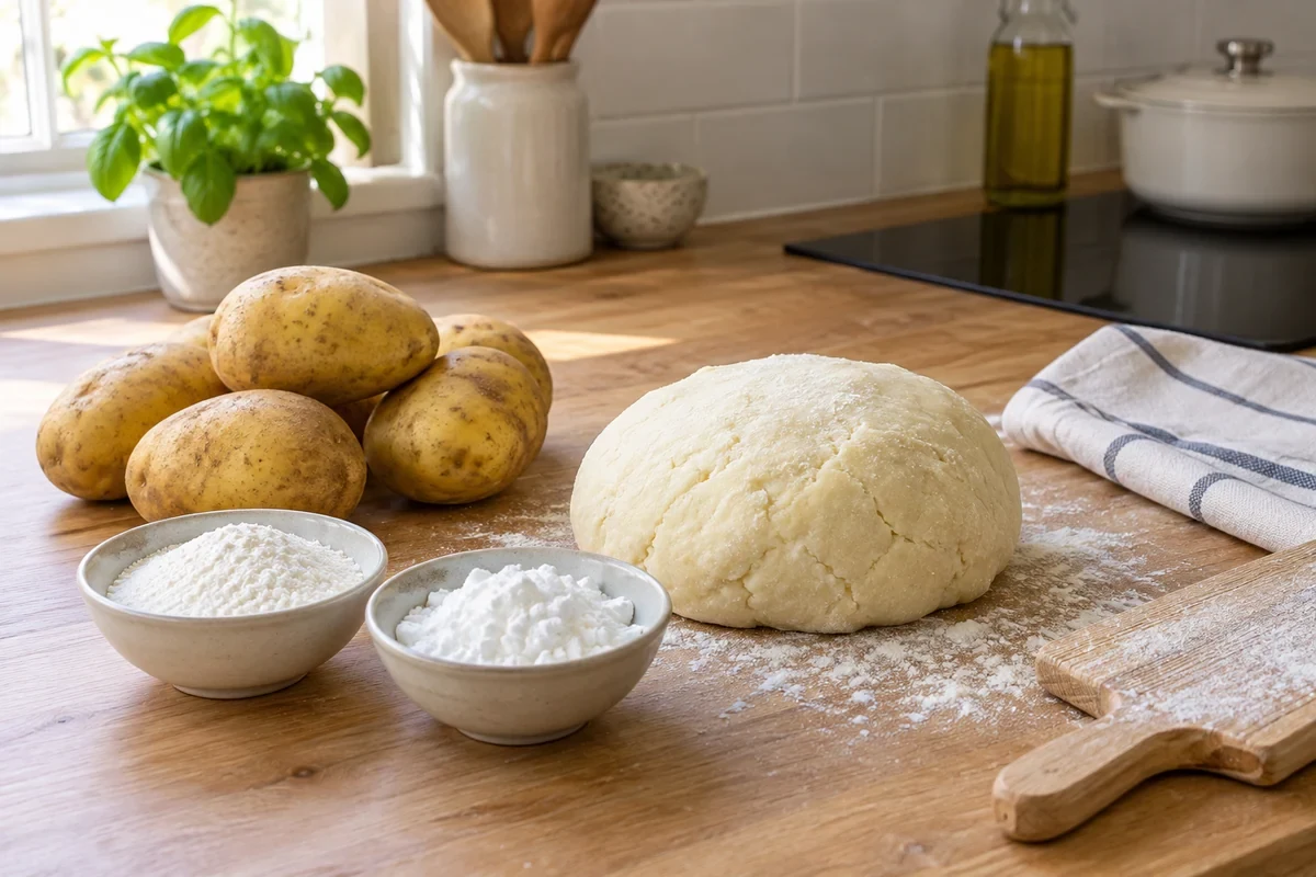 Картофель и небольшие миски с рисовой мукой и крахмалом рядом с тестом