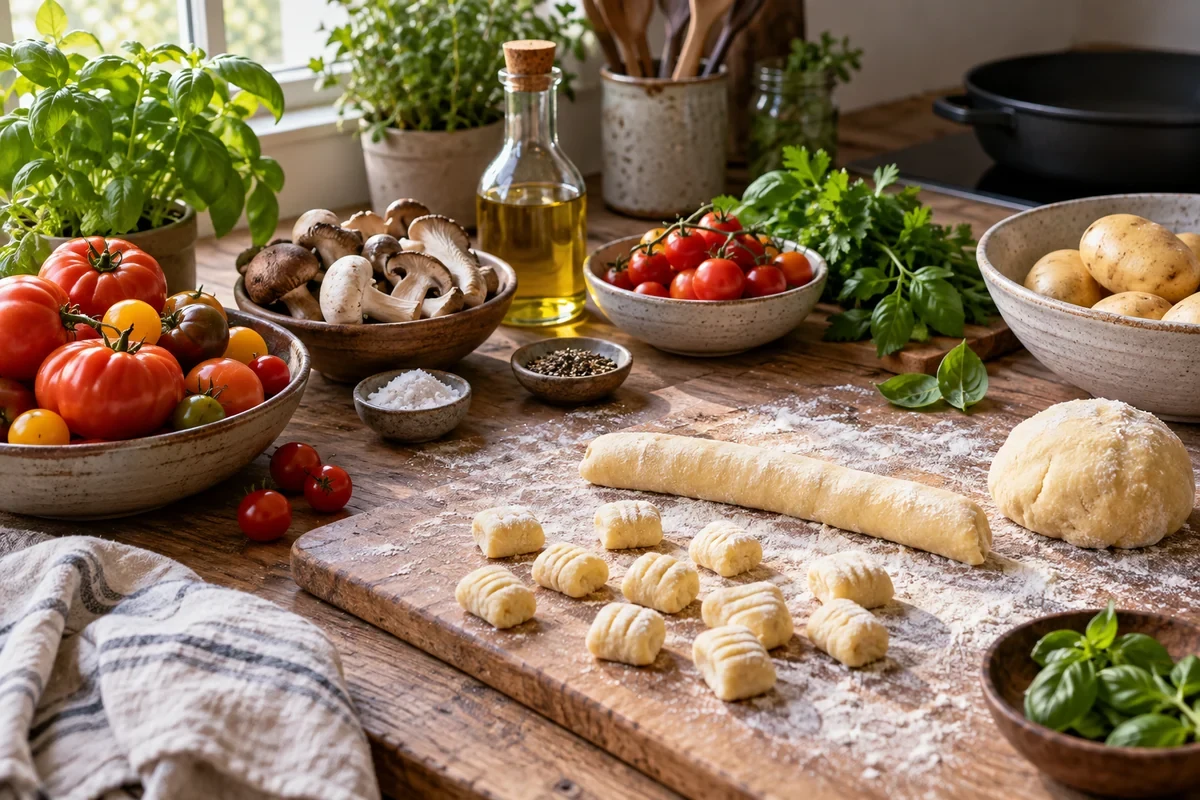 Овощи, грибы, зелень и картофельное тесто на столе без животных продуктов