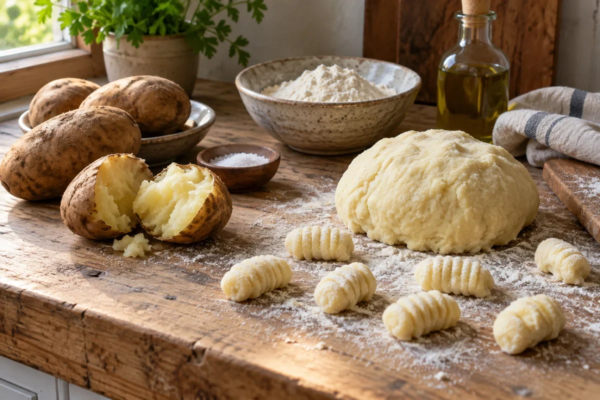 Картофель, мука и сырые картофельные ньокки на деревянном столе