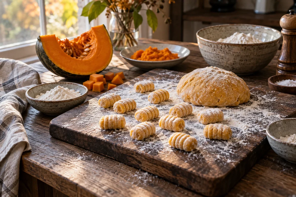 Оранжевая тыква, тыквенное пюре и сырые золотистые ньокки