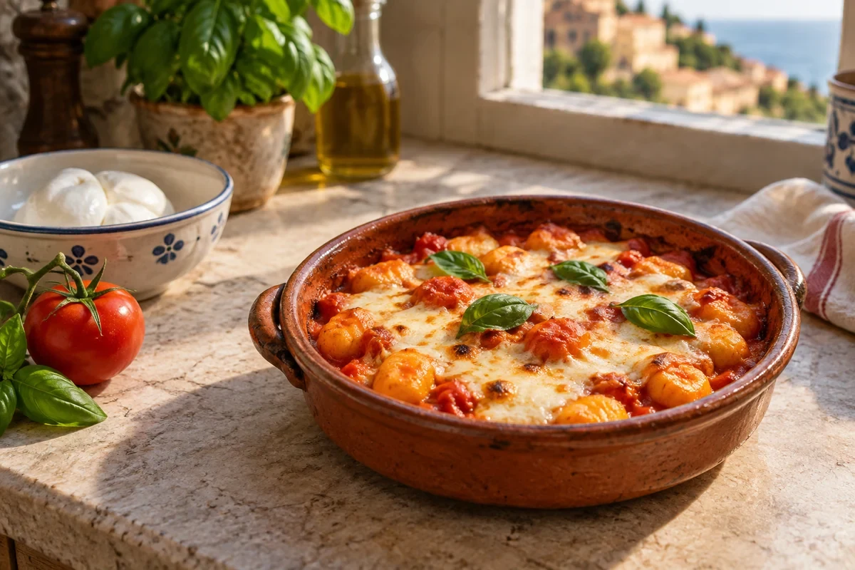Ньокки с томатами, моцареллой и базиликом в терракотовой форме