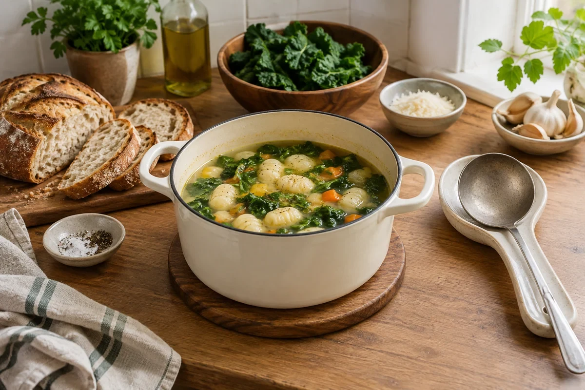 Миска супа с ньокки, овощами и зеленью на столе