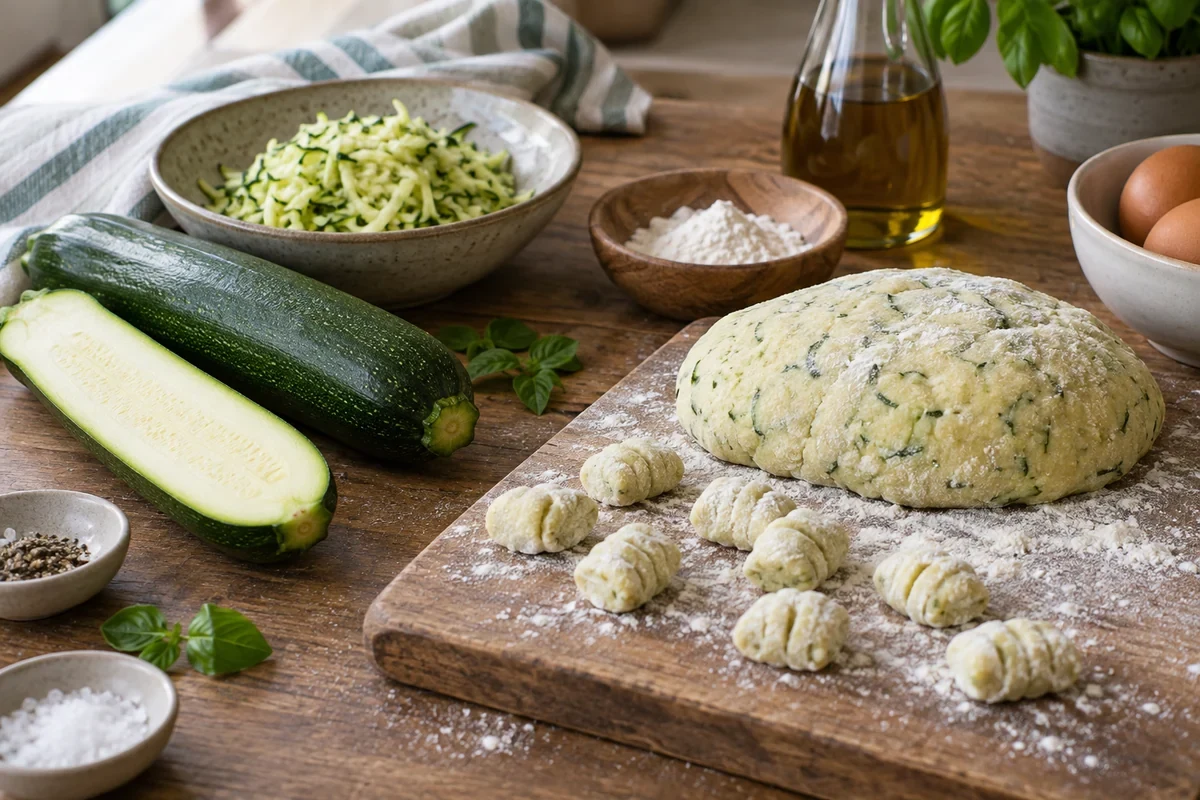 Кабачок, отжатая зелёная стружка и кабачковые ньокки на столе