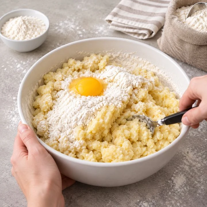 В миске смешивают картофельную основу с мукой и яичным желтком