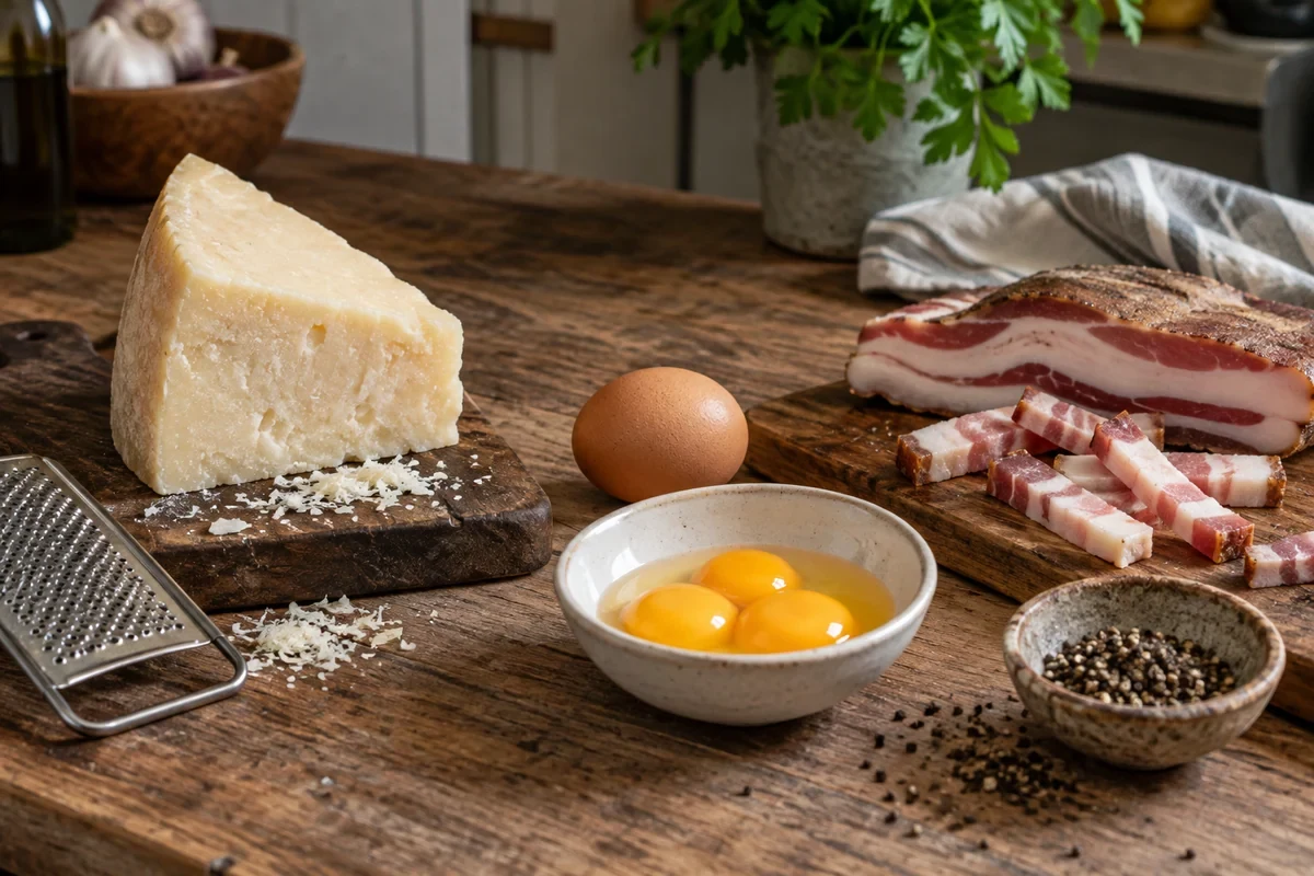 Яйца, выдержанный сыр и мясная добавка для карбонары