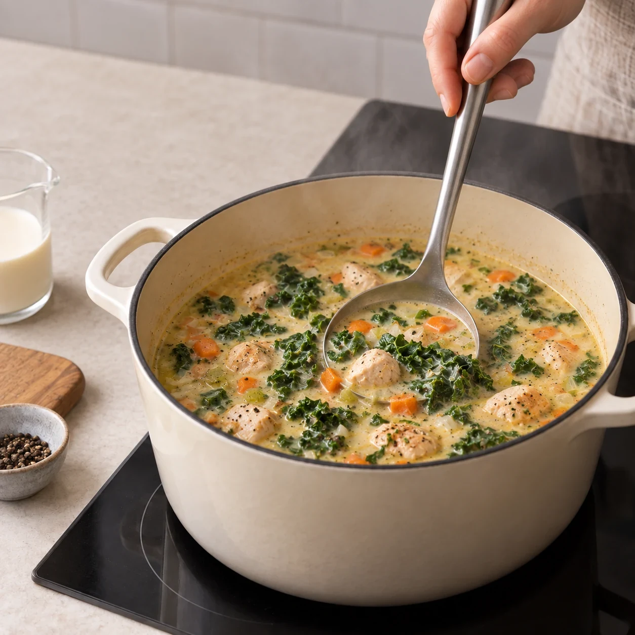 Добавьте сливки и курицу