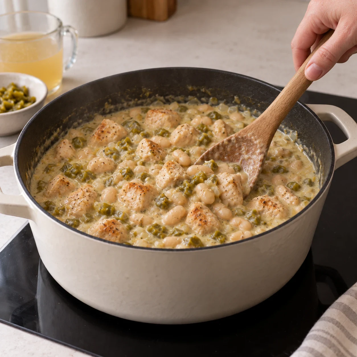 Добавьте сливки и курицу