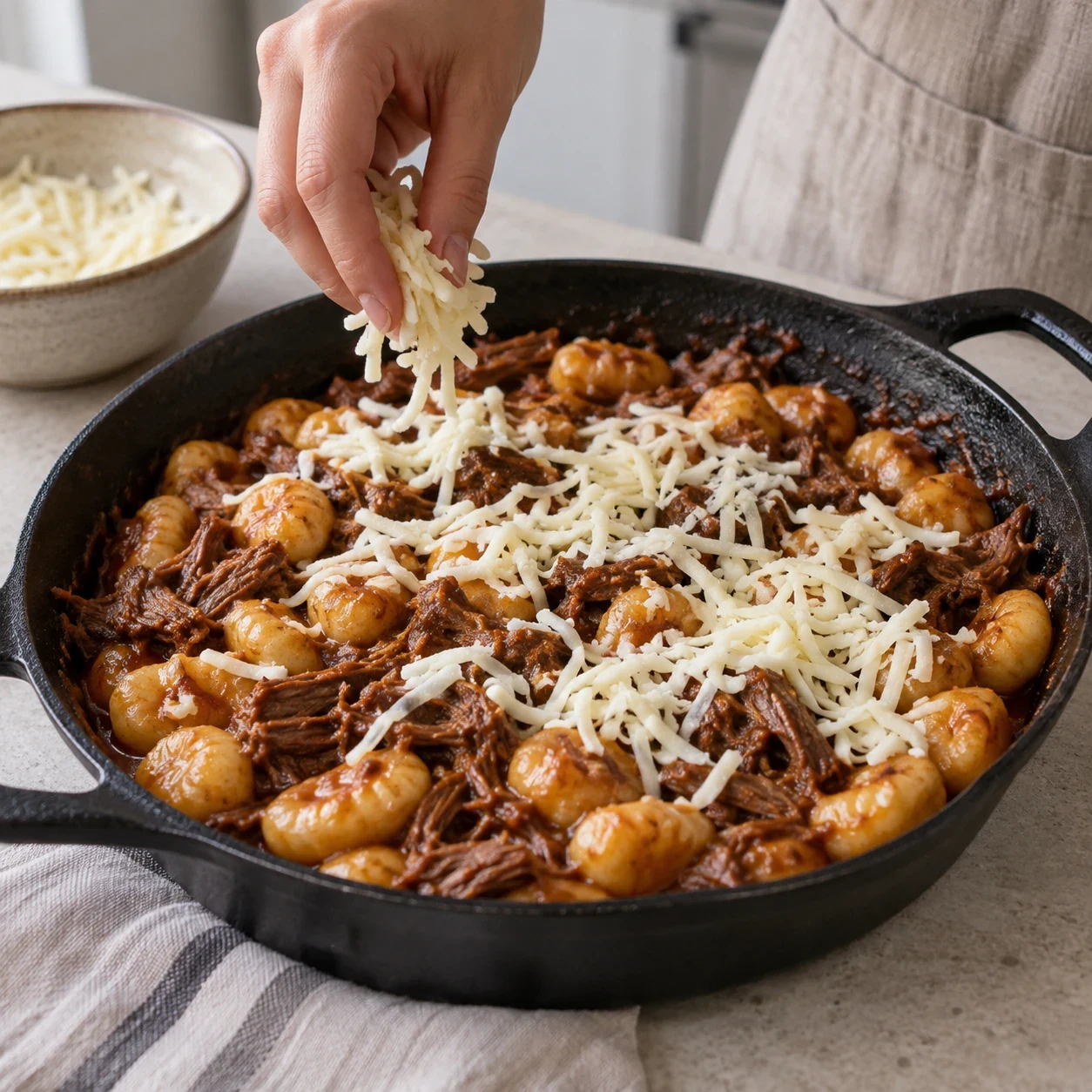 Подрумяньте ньокки с мясом и сыром