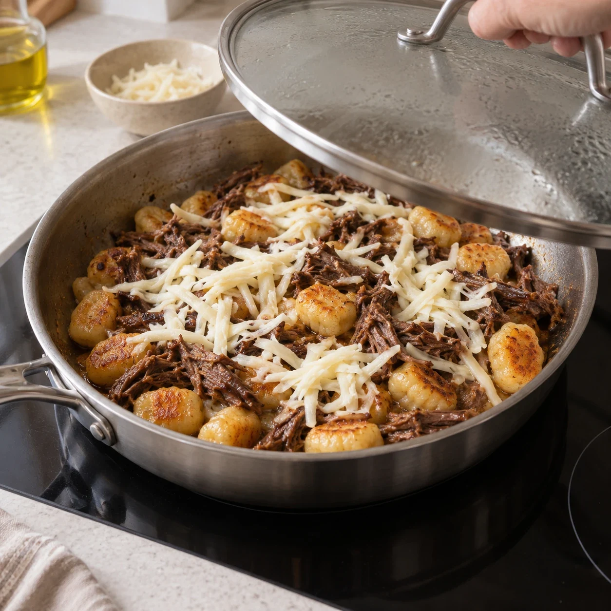 Подрумяньте ньокки с мясом и сыром