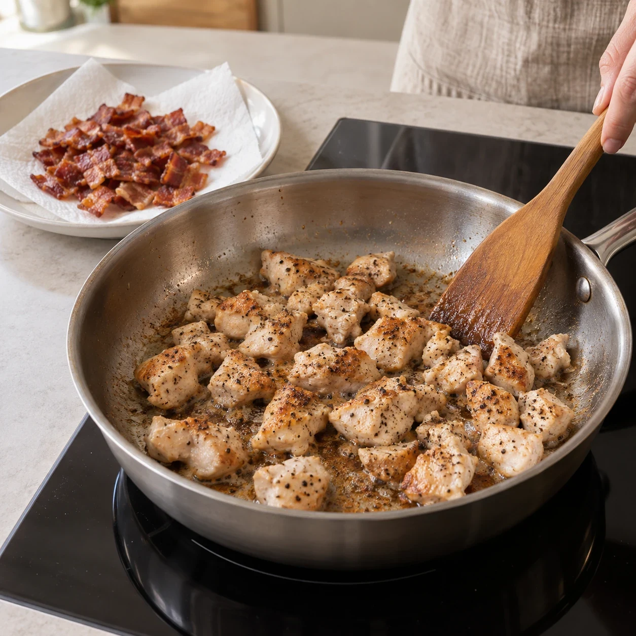 Обжарьте бекон и курицу
