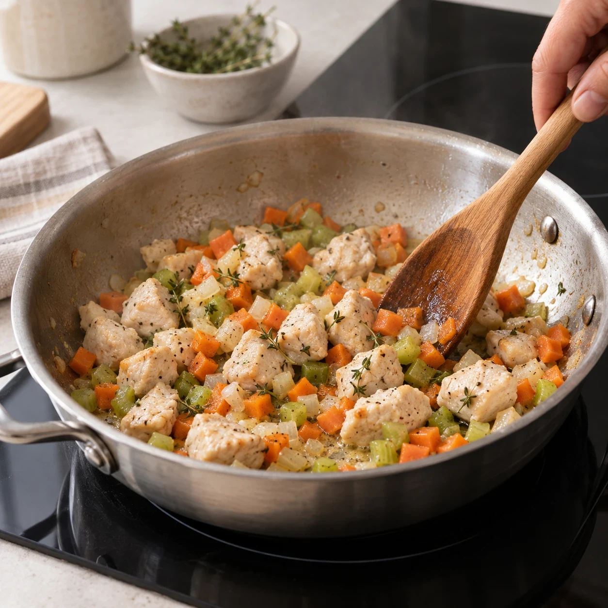 Обжарьте курицу и овощи