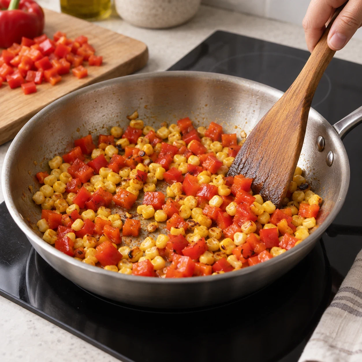 Обжарьте перец и кукурузу