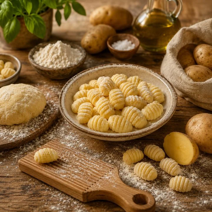 Сырые ньокки в миске, картофель, мука и доска для ньокки на столе